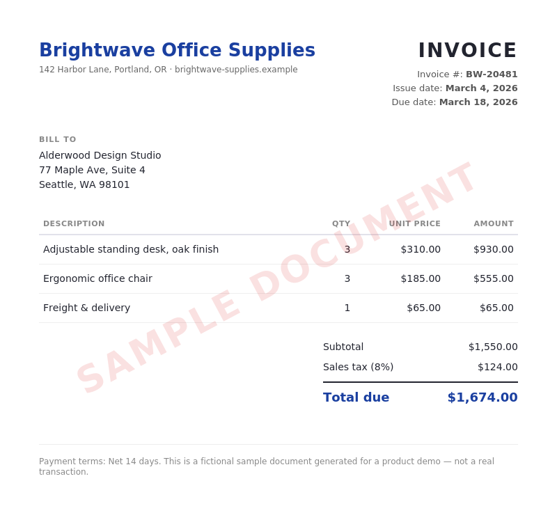 Sample invoice thumbnail — Brightwave Office Supplies
